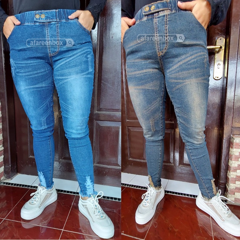 AFAREEN - Celana Jeans Wanita Ripped Whisker Legging Jeans Ripped Button Melar Pinggang Karet Jumbo 35-42