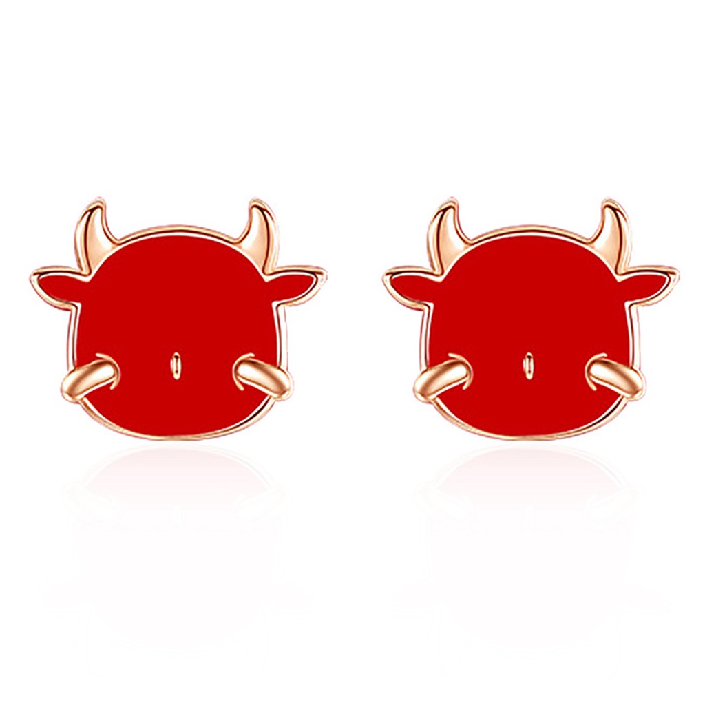 Hu Hu Hu Hu Hu Alat Bantu Pasang Kacamata♡ 1 Pasang Anting Stud Desain Sapi Warna Merah Gaya China Untuk Wanita