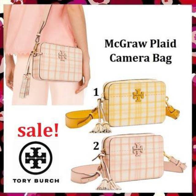 tory Burch mcgraw plaid camera bag pink yellow tas selempang slingbag crossbody authentic original