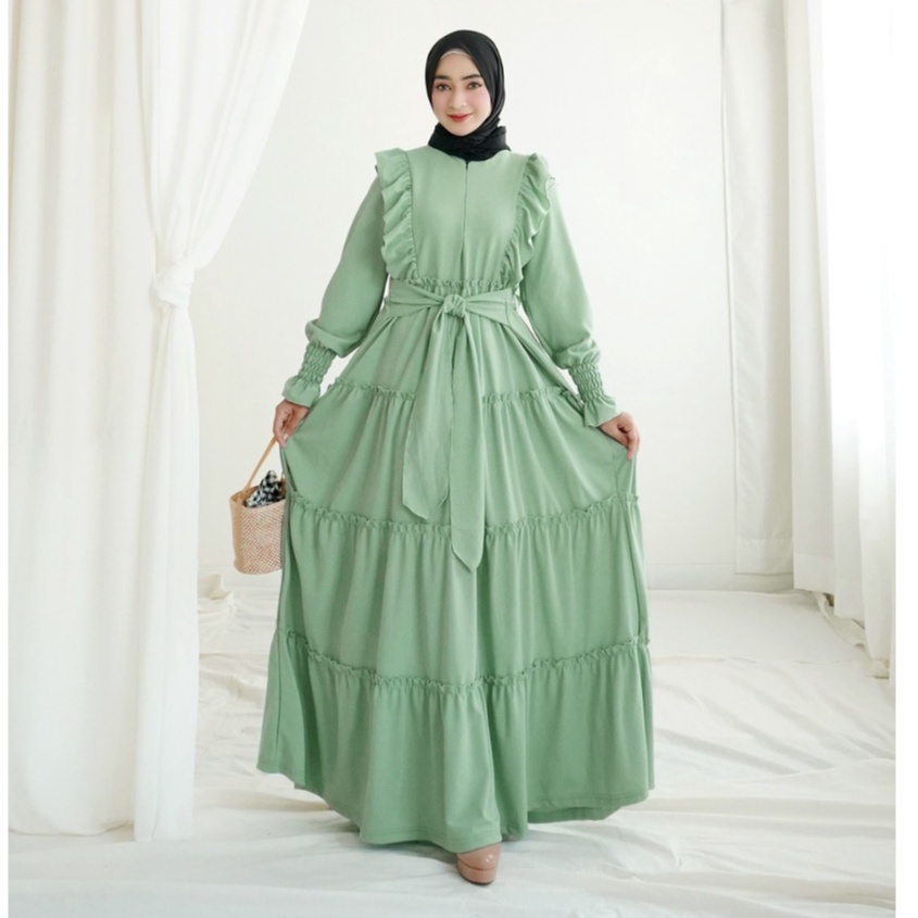 Gamis busui ruffle dada rempel 4 susun (PB 140 cm) lengan smoked tali pinggang bahan voxy premium me