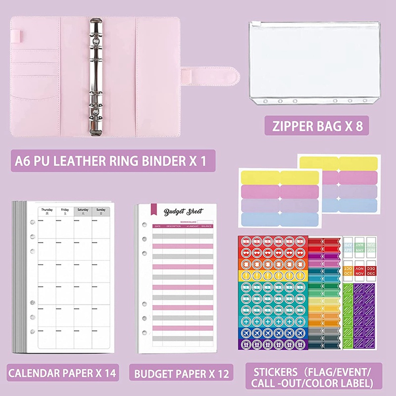 Budget Binder A6 Ring Binder Notebook with Clear Cash Envelope for Cash Stuffing Money Organiser with Label Stickers A