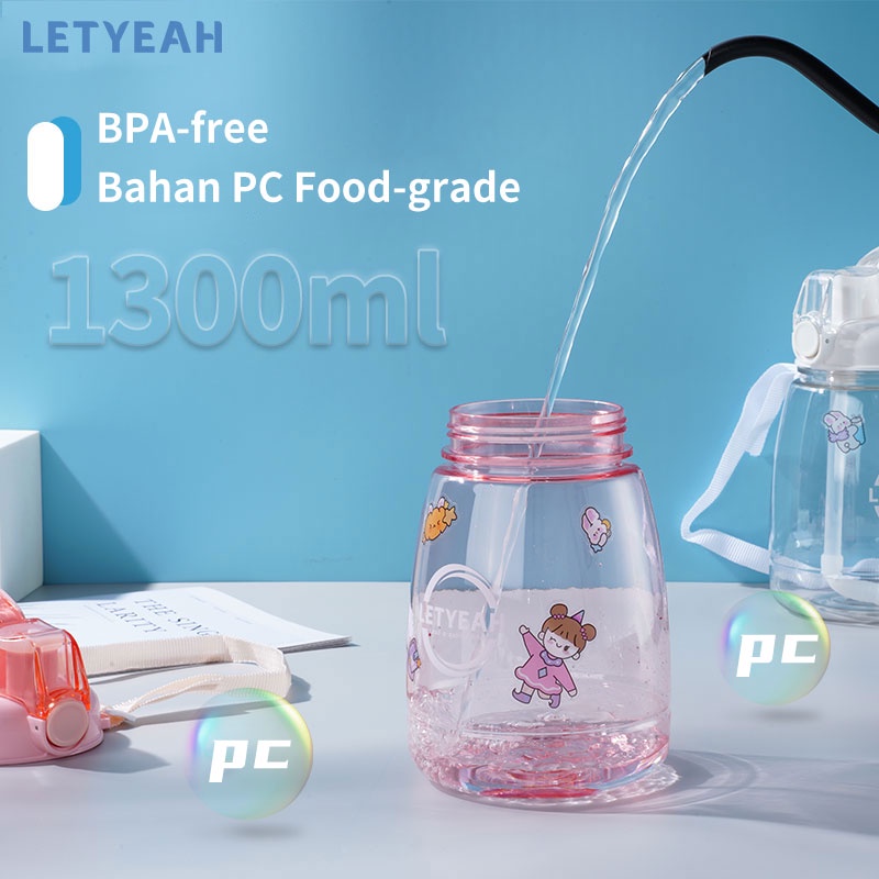 letyeah Botol minum 1.3 Liter dengan sedotan dan tali bahu/botol minum anak DIY sticker /BPA Free