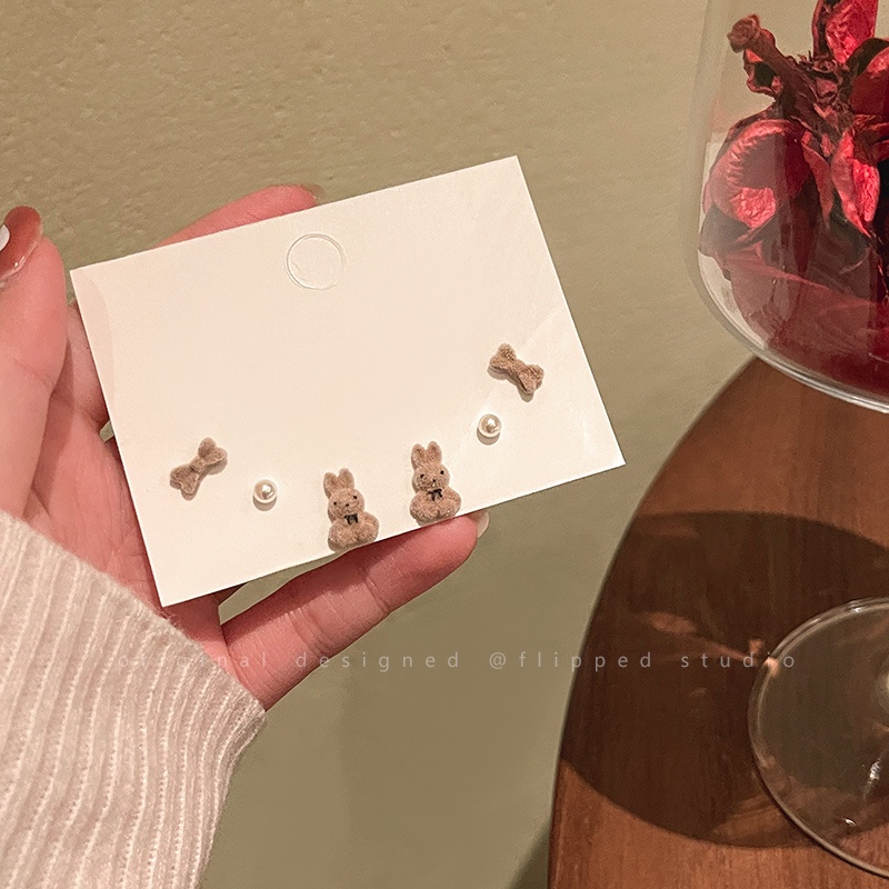 IFYOU 3pcs / set Anting Stud Desain Beruang Kelinci Warna Silver Untuk Wanita