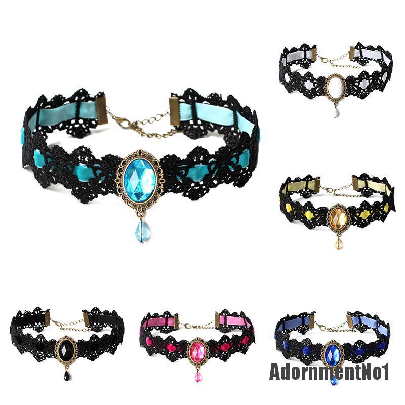 (Adornmentno1) Kalung Choker Lace Hitam Hias Kristal + Rantai Gaya Vintage / Gothic Untuk Wanita