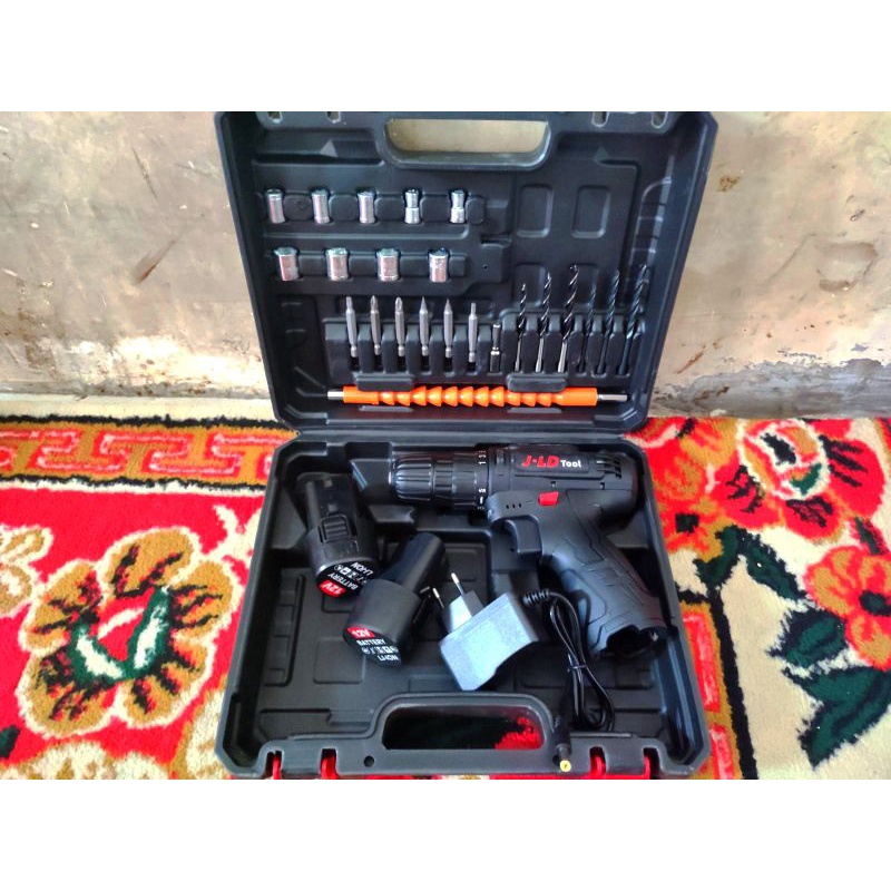 Bor baterai jld 12v hitam cordless hand Drill 2 baterai fullset mata bor