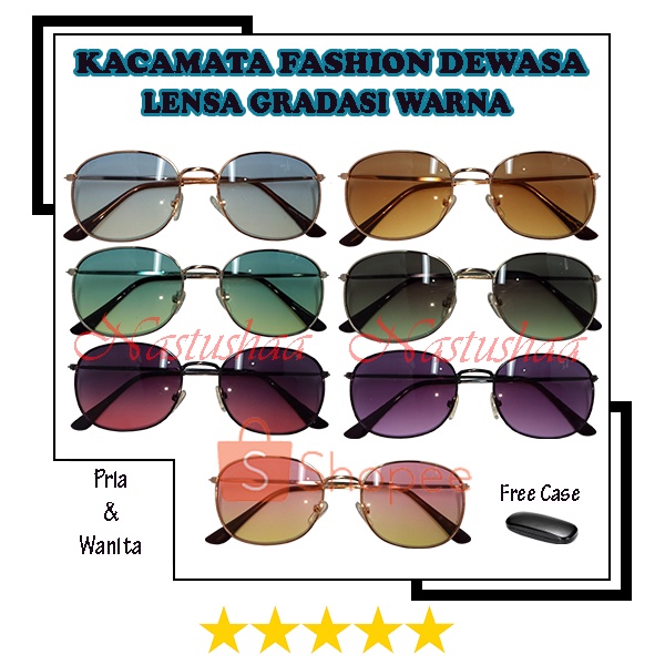 Kacamata Wanita dan Pria Fashion Aksesoris Gaya Pantai Frame Metal Sunglasses Kacamata Anti UV Lensa Gradasi FREECASE