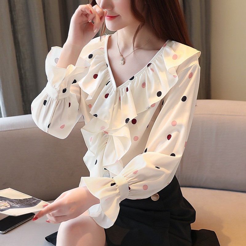 model terbaru blouse Model V-Neck Longgar Lengan Bell Panjang Gaya Korea Bahan Sifon  Wanita