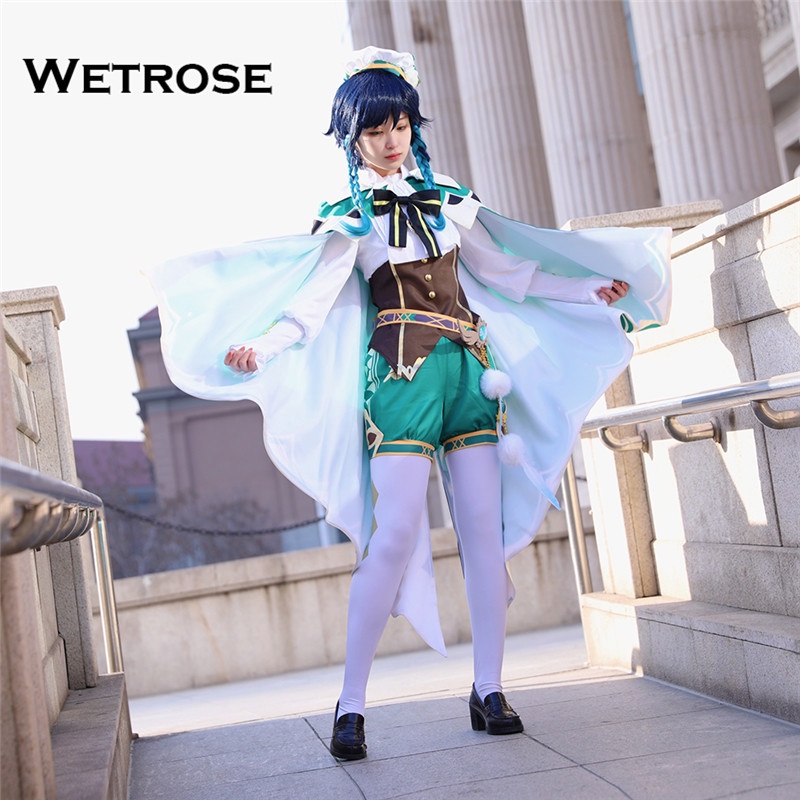 【Wetrose】Genshin Impact Cosplay Venti Dress Coat Short Sleeve Top Uniform Set Costume Party Show Event Wanita Pria Kostum, Venti Wig