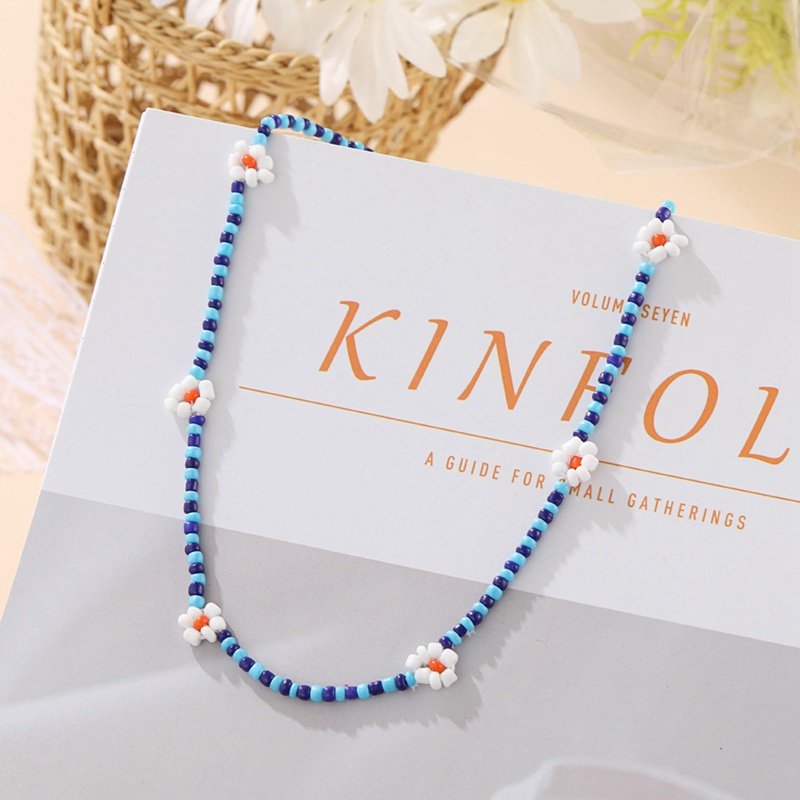 Bohemian Blue White Seed Bead Flower Choker Necklace Statement Short Collar Clavicle Chain Necklace For Women Jewelry|