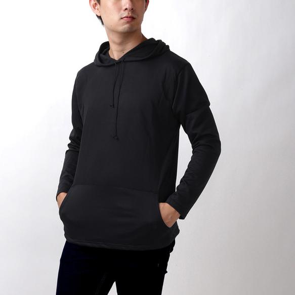 ☼ Elfs - Kaos Pria Lengan Panjang Hoodie Kantong Terry Polos - Hitam, XXL ♡