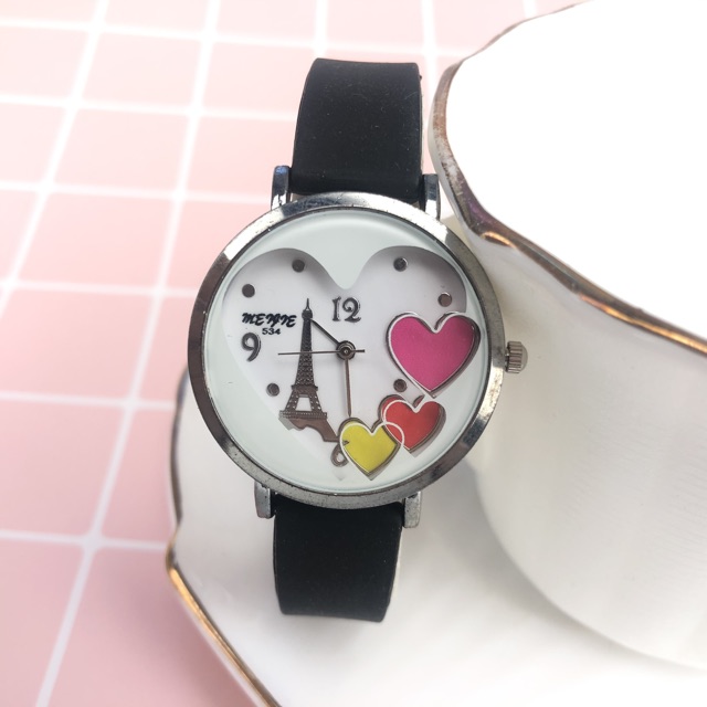 ［Ready Stock］Jam tangan wanita fashion karet gaya Paris love  S1115