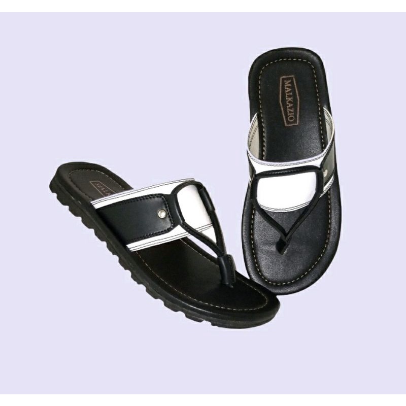Sendal Jepit Paku MK-3 Pria Kasual / Sendal Kulit Hitam Putih / Sendal Terlaris Cowok Hitam, 42