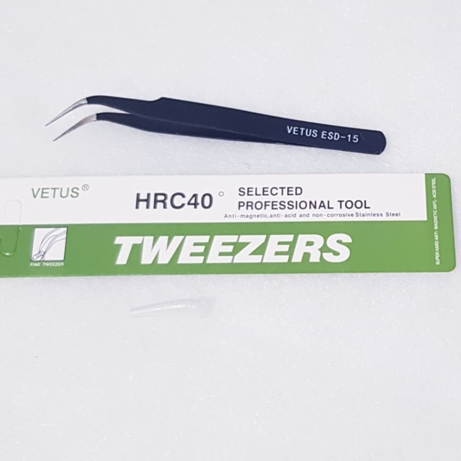 Pinset Tweezer Bengkok VETUS HRC40 ESD-15 Stainless Steel Curved