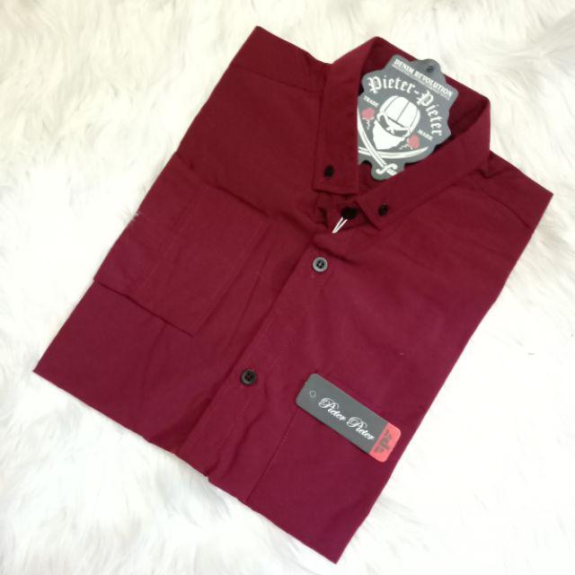 kemeja cowok polos lengan panjang slimfit hem pria kantor hitam navy putih maron army-Kemeja Panjang Maron