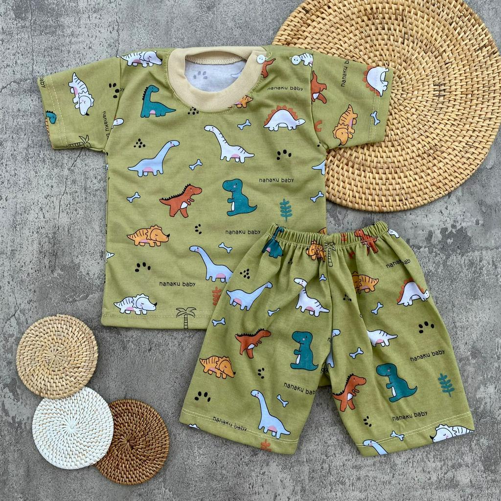 Setelan Baju Bayi Piyama Bayi Lengan Pendek Kancing Pundak Motif Printing Dino Usia 3-12 Bulan Almeera Baby and Kids