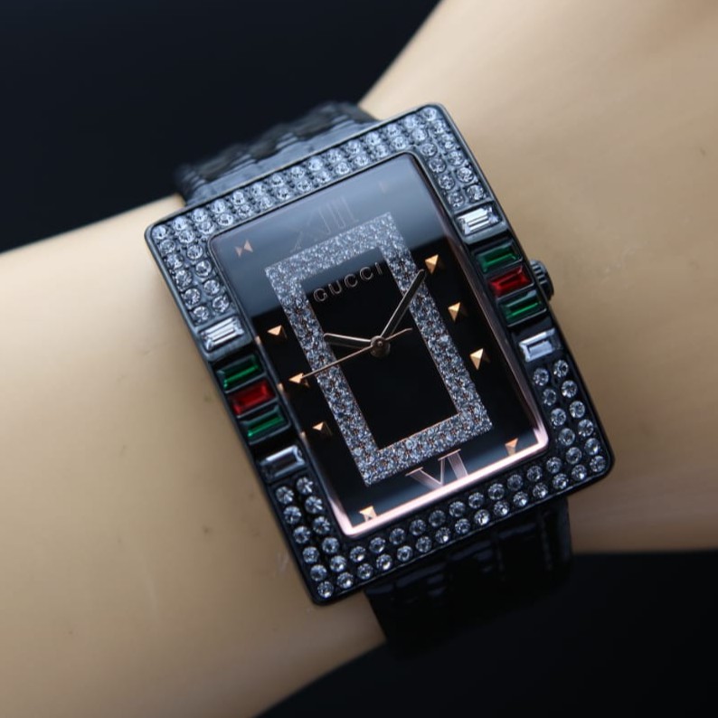 ( COD ) Best Seller Jam Tangan Wanita Gucci's Diamond SJ 15066 Kulit Body Hitam Free Baterai & Box