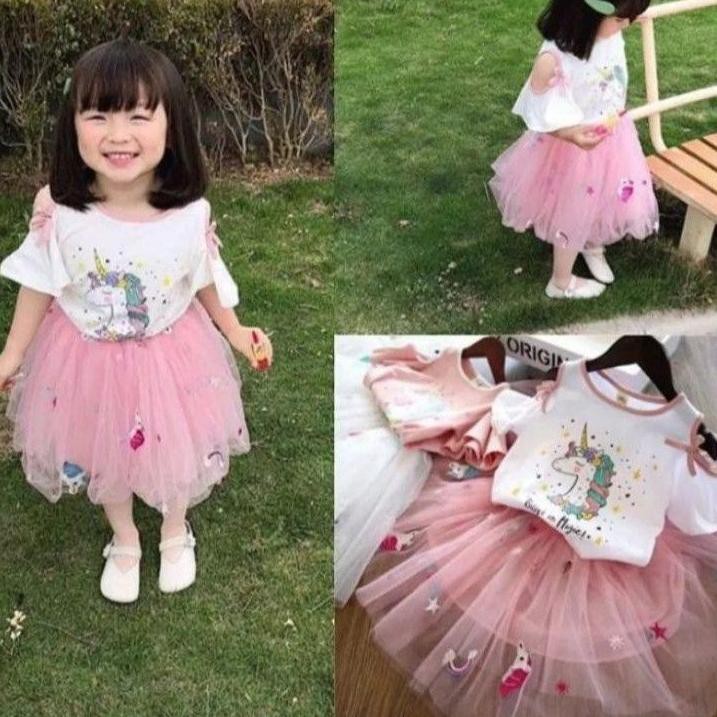 ➱ SETELAN BAJU ANAK IMPOR, SETELAN BAJU TUTU UNICORN, SETELAN BAJU SABRINA TUTU SHOULDER OFF ℮
