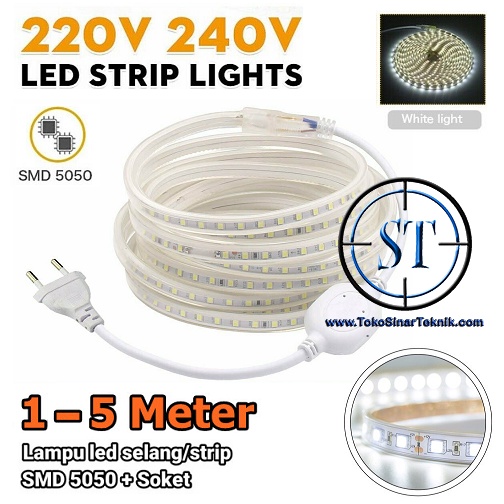 Lampu Led Strip Selang WHITE SMD 5050 Panjang 1-5 Meter In Ac 220V Warna Putih Cocok Indoor - Outdoor Lampu Hias Taman Plafon Rumah Waterproof