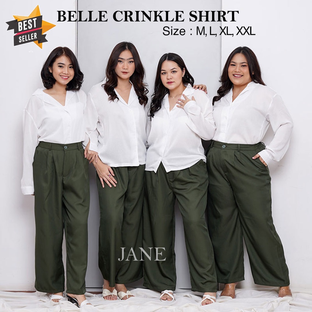 JANE COLLECTION || Atasan Wanita Hitam Kemeja Oversize Bigsize Kemeja Kerja Wanita Putih Kemeja Basic Polos Lengan Panjang Kancing Busui M L XL XXL Belle Crinkle Shirt