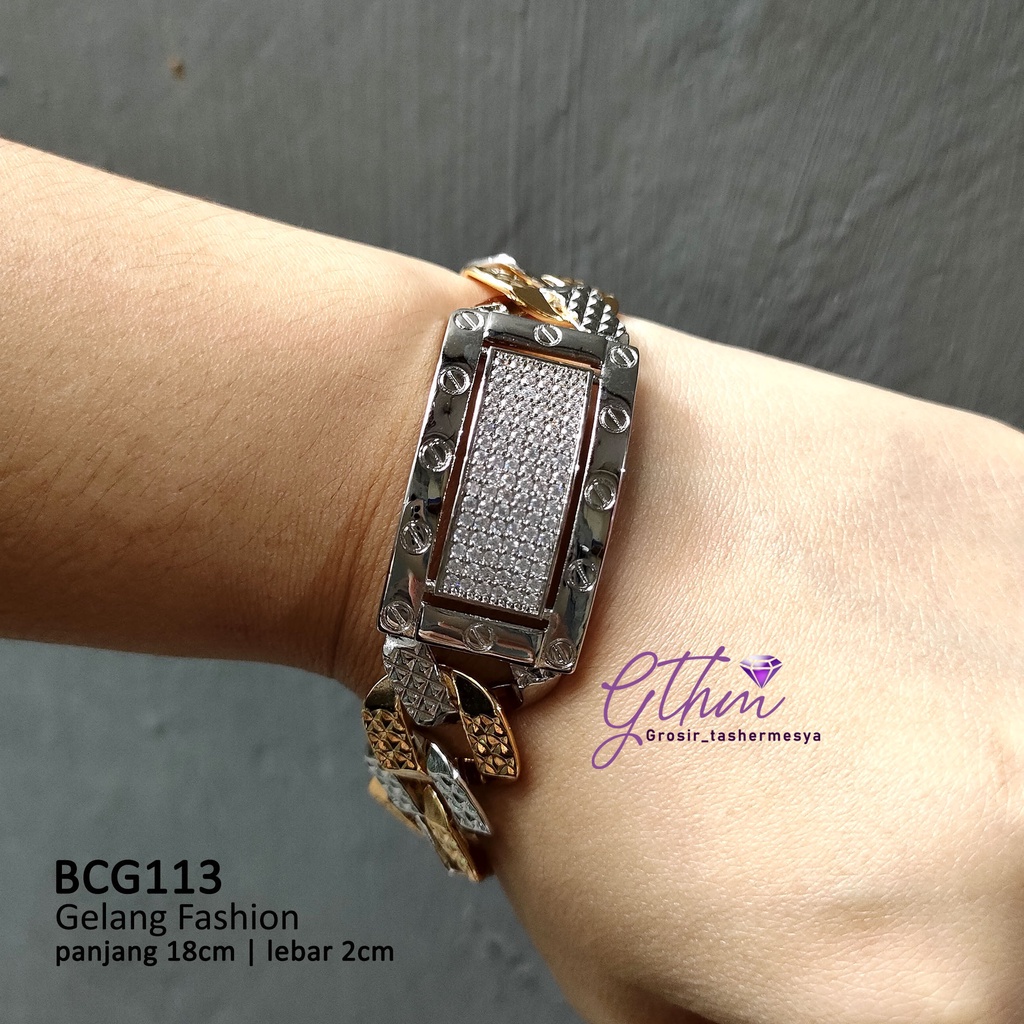 gelang tangan wanita kombinasi plat kotak permata BCG113