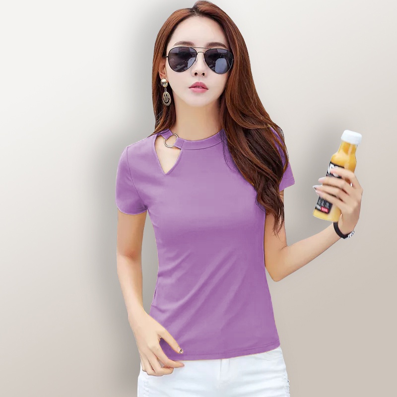 Kaos Lengan pendek wanita Gaya Korea variasi Ring di leher - XSHOP Omila