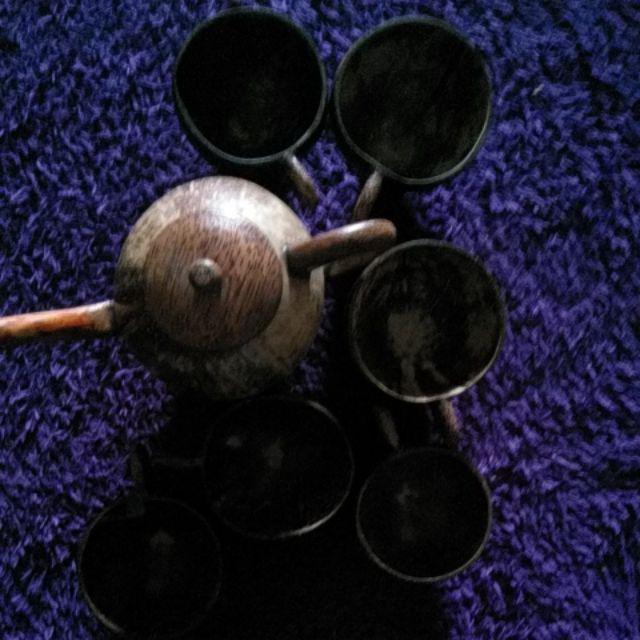 1 Sett Teko + Gelas Cangkir Batok Kelapa Natural Handle Glugu Ca01