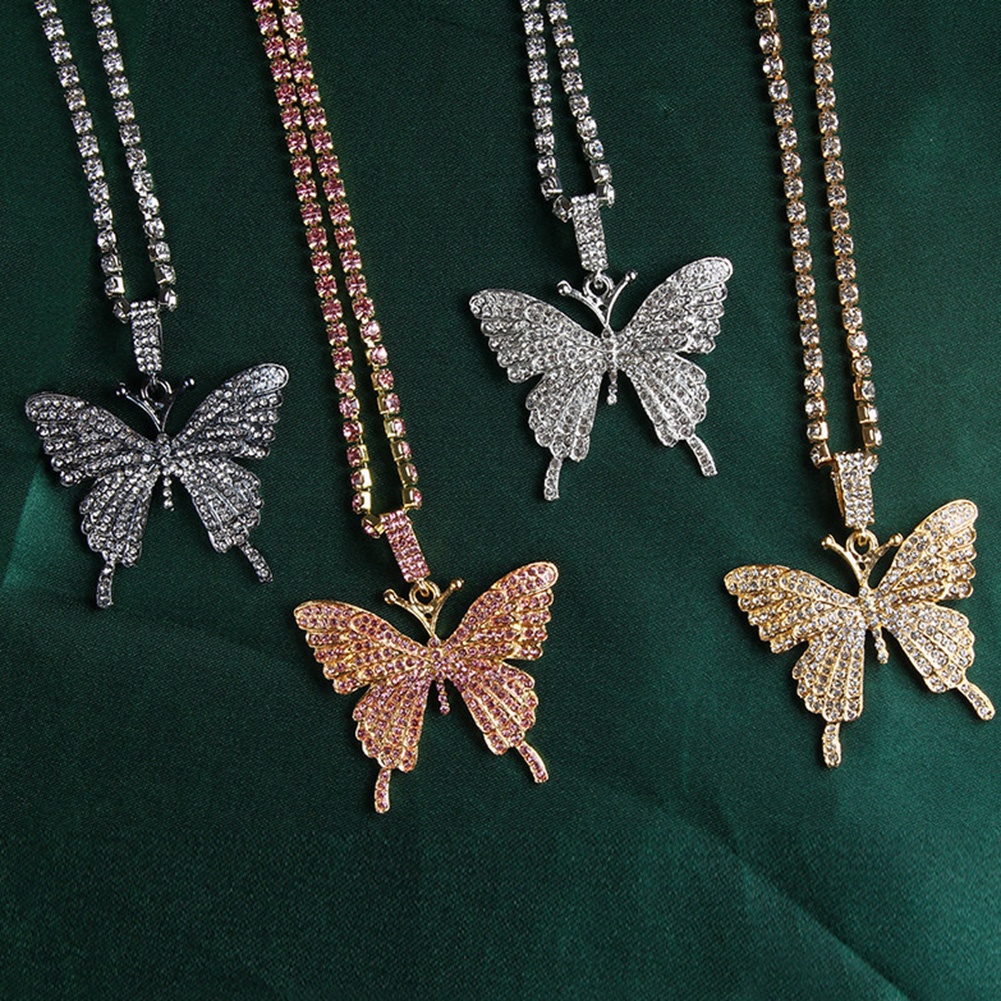 Hu Hu Hu Hu Hu Alat Bantu Pasang Kacamata♡ Kalung Rantai Liontin Kupu-Kupu Bahan Stainless Steel Hias Berlian Imitasi Untuk Wanita