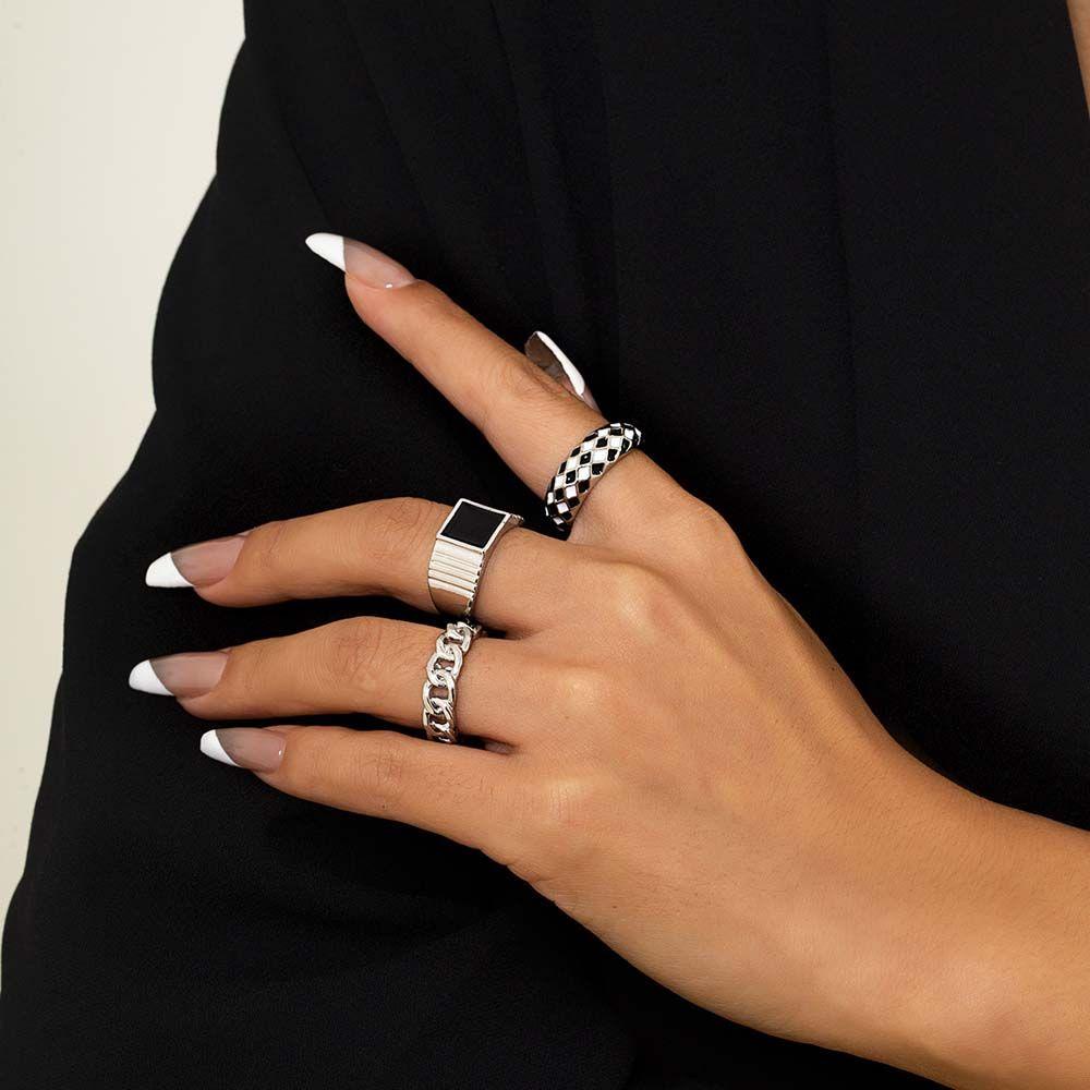 Needway  Set Cincin Geometris Punk Huruf Minoritas Hollow Untuk Unisex Kepribadian Kotak-Kotak Gaya Korea Jari Ring