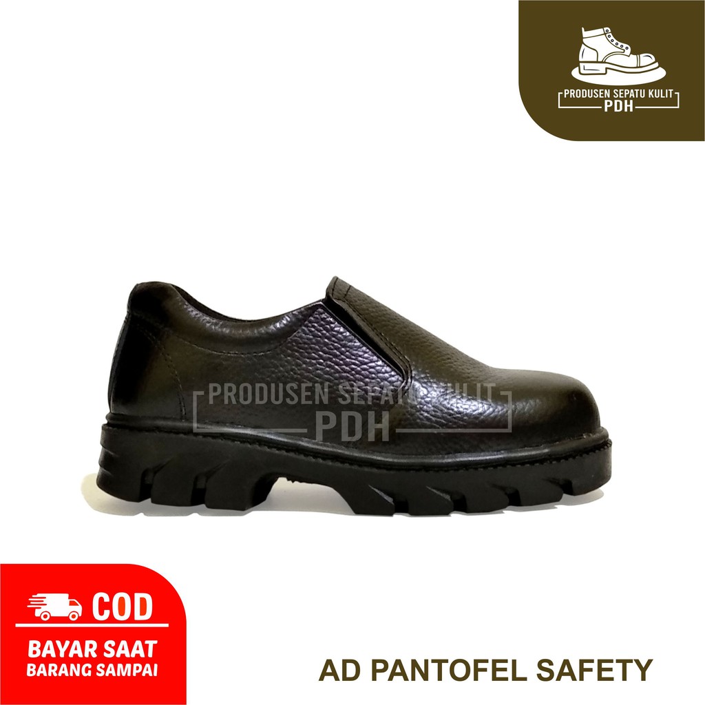 NOTIS - SEPATU SAFETY SLIP ON TALI KULIT SEPATU SAFETY SEFTY SEPTI SELOP SLOP UJUNG BESI PROYEK KITCHEN ANTI SLIP