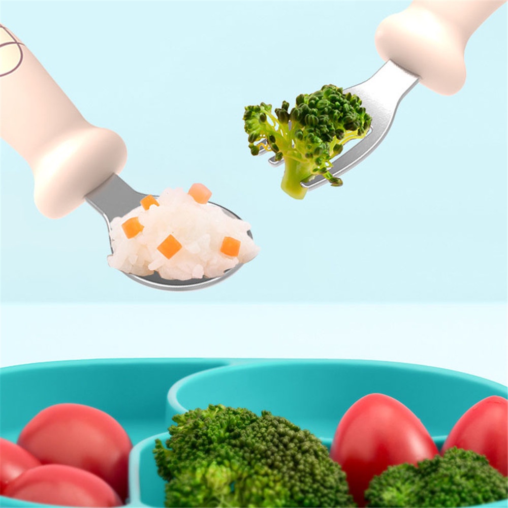 304 Stainless Steel Pegangan Pendek Sendok Garpu Set Peralatan Makan Anak-anak Portabel Pelatihan Suplemen Makanan