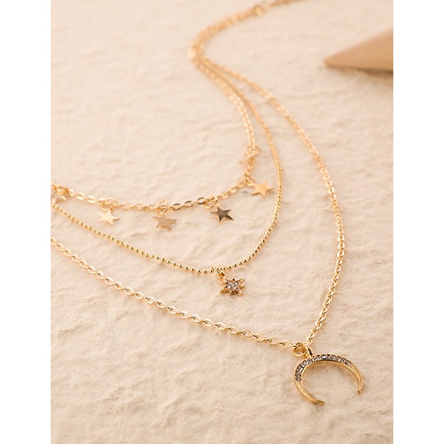 LRC Kalung Fashion Gold Color Five-pointed Star Diamond Moon Alloy Multilayer Necklace K98556