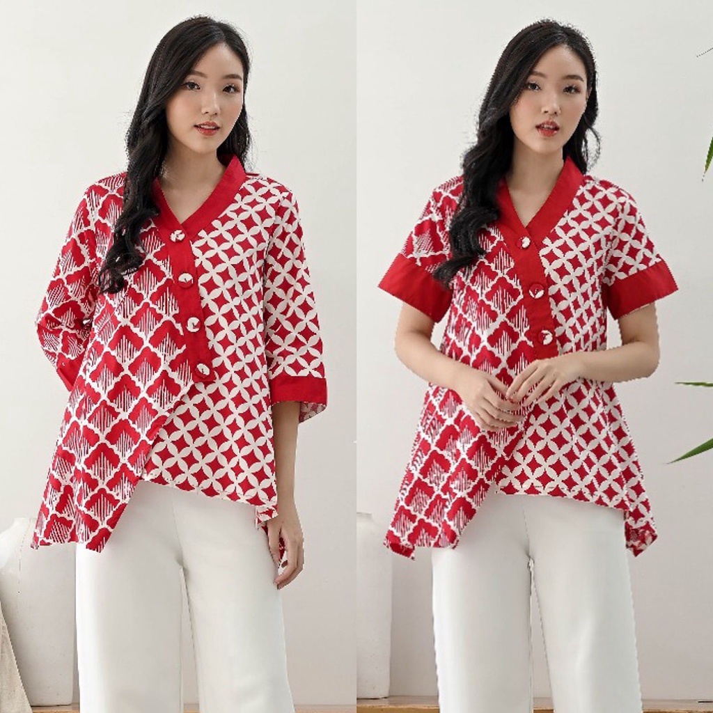 Evercloth Deri Blouse Wanita Atasan Wanita Baju Batik Wanita Jumbo Top Seragam