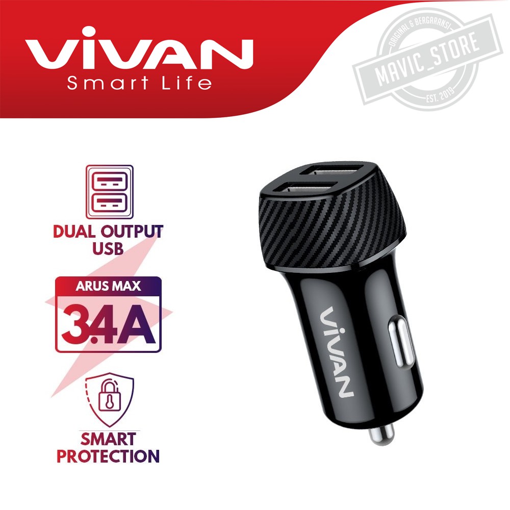 Car Charger Vivan CC02C 3.4A Dual USB Smart IC Quick Charging Mobil ORIGINAL