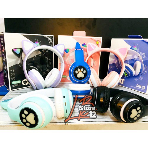 Headphone Bluetooth Bando CAT EAR STN 28 / Headset Wireless Bando Cat Led STN-28 Macaron