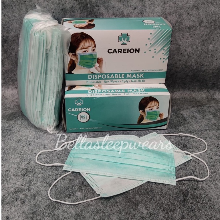 3PLY CAREION BOX - MASKER 3PLY EARLOOP CAREION FACEMASK DISPOSABLE MASK MEDICAL GRADE KEMENKES - BIRU HITAM HIJAU