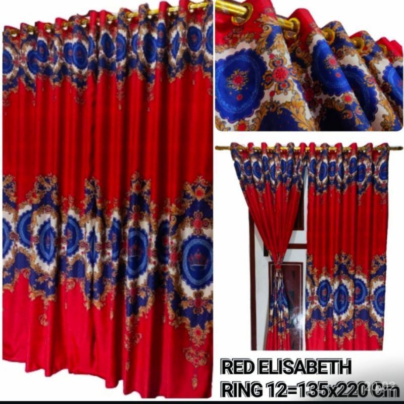 gorden smokering 12 motif red Elisabeth / gorden merah batik / gorden smoke ring nuansa Natal merah
