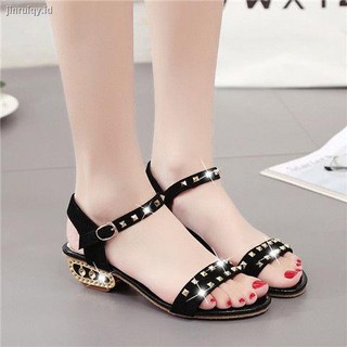 Sepatu Sandal  High Heels Open Toe Aksen Rivet Gaya Korea 