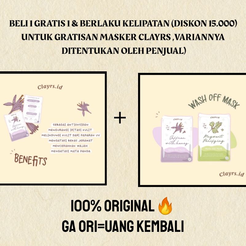 Masker Camille beauty BPOM//masker clayrs Mugwort //masker clayrs saffron/masker yoqueen beauty BPOM-Buy 1 get 1 saffron