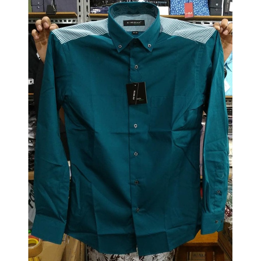 Kemeja Pria Alisan Slimfit Panjang Biru Navy Hijau Tosca Kombi Pundak - Navy, Xl Best Quality
