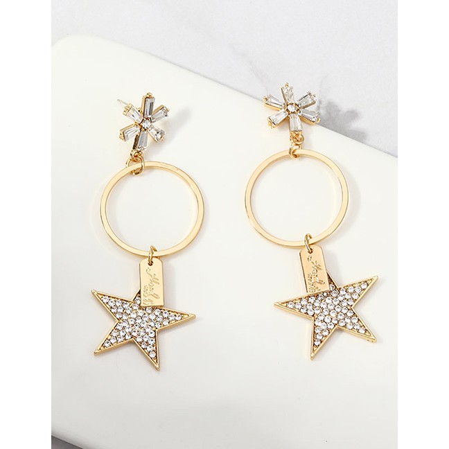 LRC Anting Tusuk Fashion Gold Crystal Five-pointed Star S925 Silver Pin Stud Earrings D57244