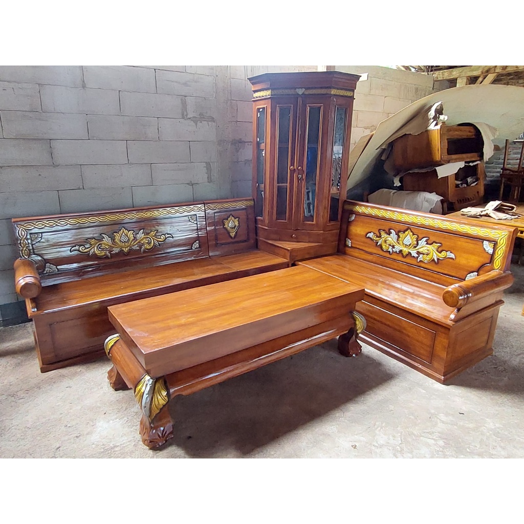 MEJA KURSI TAMU KAYU JATI MODEL SUDUT