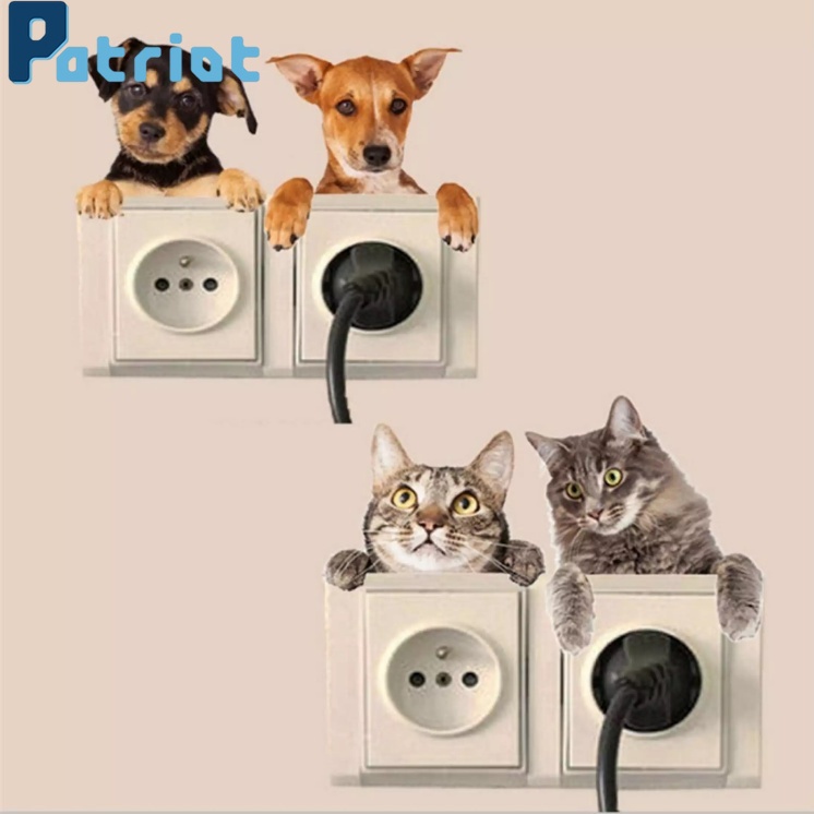 Stiker Dinding Desain Kartun Kucing Dan Anjing Dengan Perekat Untuk Dekorasi Saklar