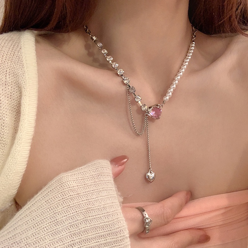 Love Pink Crystal Pendant Necklace Accessories Pearl Stitching Clavicle Chain Harajuku Korean Version