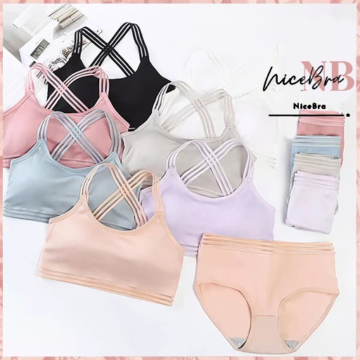 Nicebra Bra Set Wanita Bahan Lembut Model Tali Silang 1058