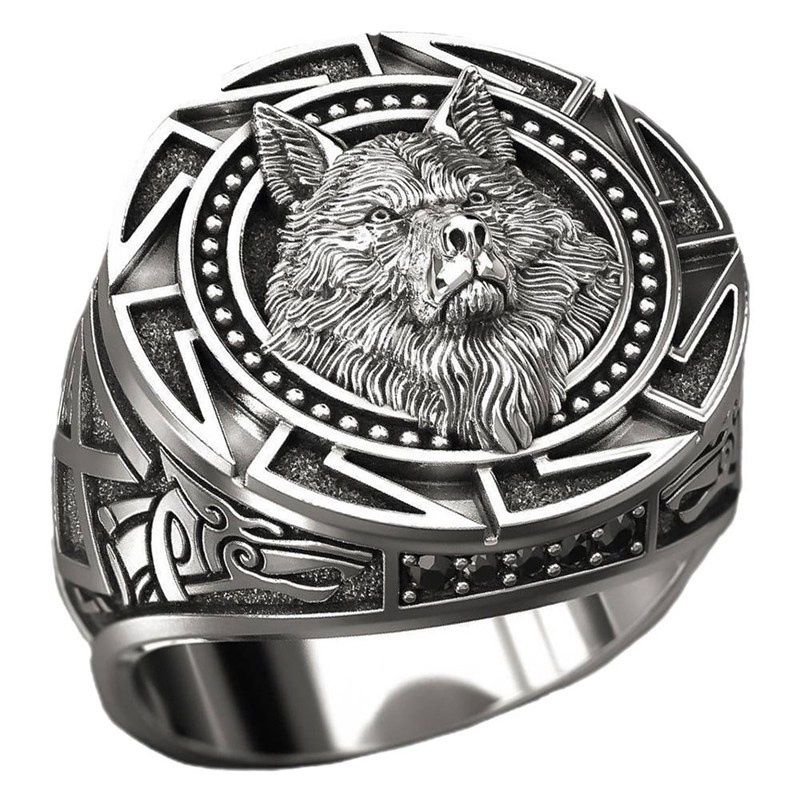 Cincin Desain Kepala Serigala Warrior Bahan Sterling Silver Gaya Punk Gothic Hip Hop Untuk Pesta