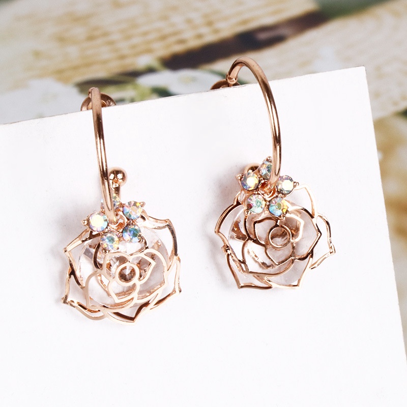 Anting Stud 925 Silver Needle Zircon Bentuk Bunga Mawar Model Hollow Gaya Korea Untuk Wanita