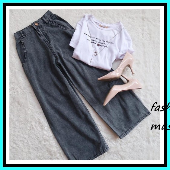 Highwaist Kulot Jeans Rawis Sobek Lutut Celana Boyfriend Kulot Rawis Ripped Jins Denim Lepis Jeans C