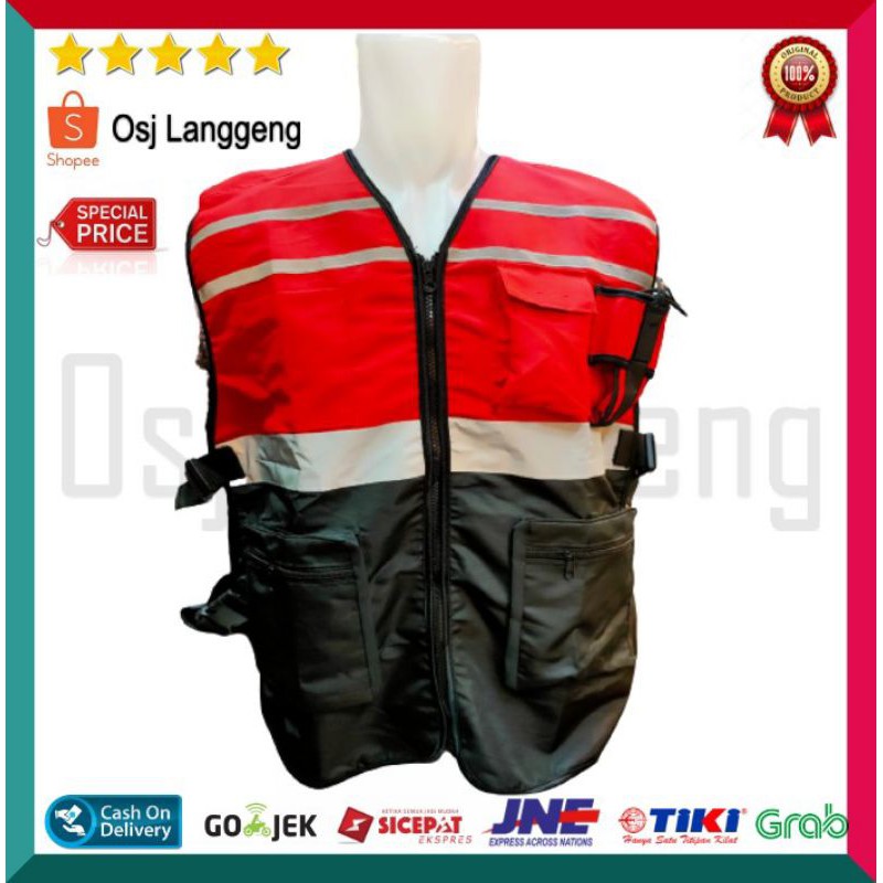 BISA COD | Rompi Safety Merah Kombinasi Hitam Kantong Garis Scotlite Murah