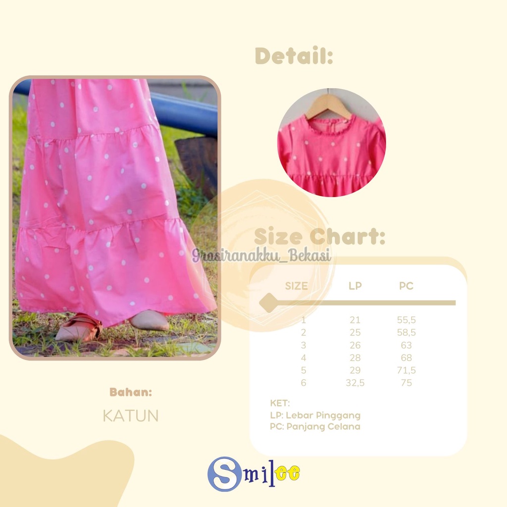 Gamis Katun Anak Rufel Motif Polka Pink Size 1-6Thn
