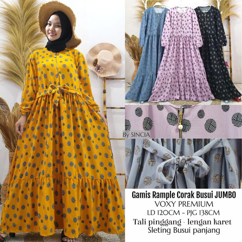Gamis jumbo busui polkadot rempel 2 susun lengan karet wudhu + tali pinggang bahan voxy merk sincia